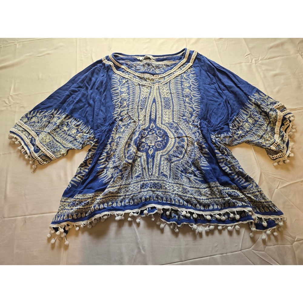 United of St Barth Blue Tunic Top Boho Kimono Pom Pom‎ Trim M/L Medium Large